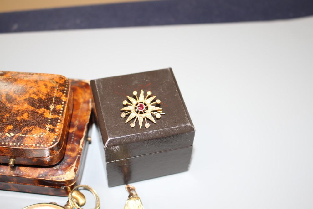 A 9ct gold brooch, a plated pocket watch, other jewellery and jewellery boxes